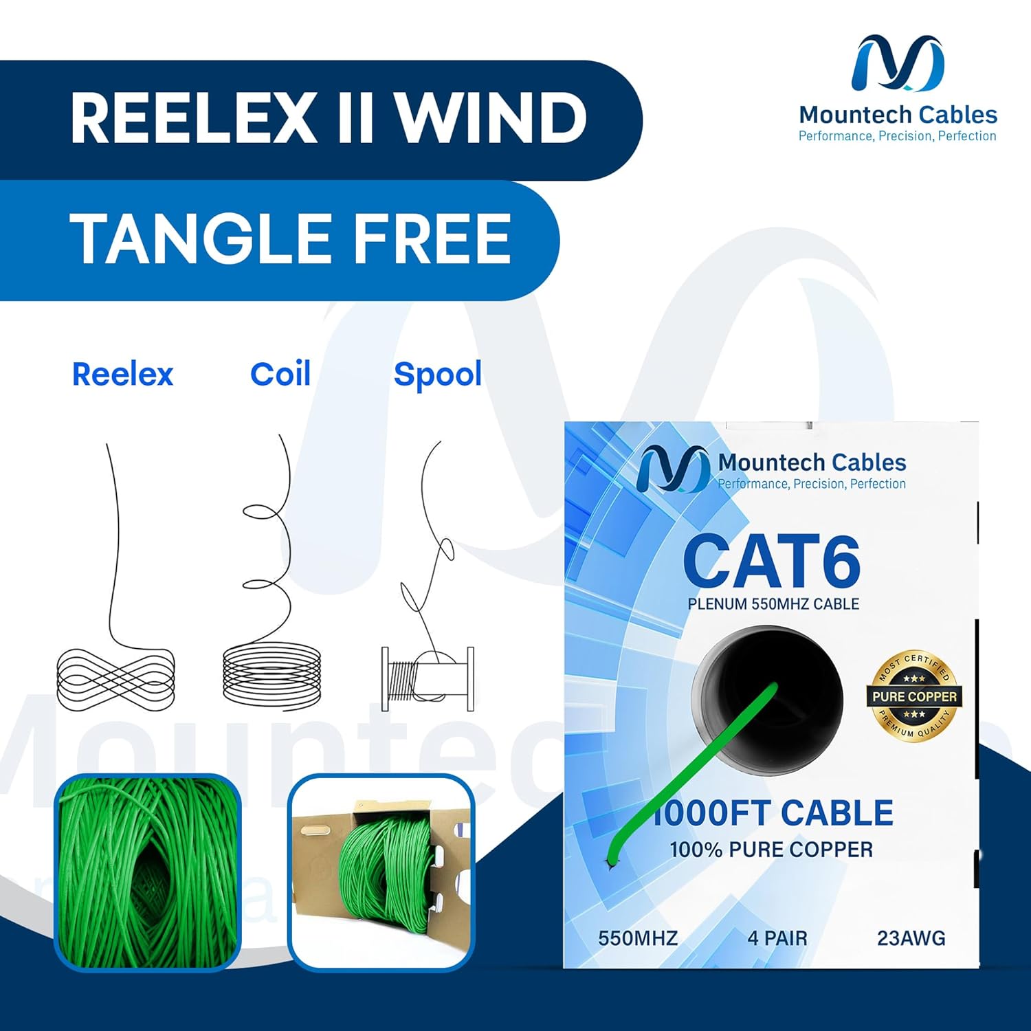 Cat6 Plenum 1000ft | 100% Pure Copper Ethernet Cable | UTP 550MHz, 23AWG 4Pair 10GB DSX-8000 Tested | Most Certified Heat & Fire-Resistant Bulk Cat 6 Cable for High Speed Networking (Green)