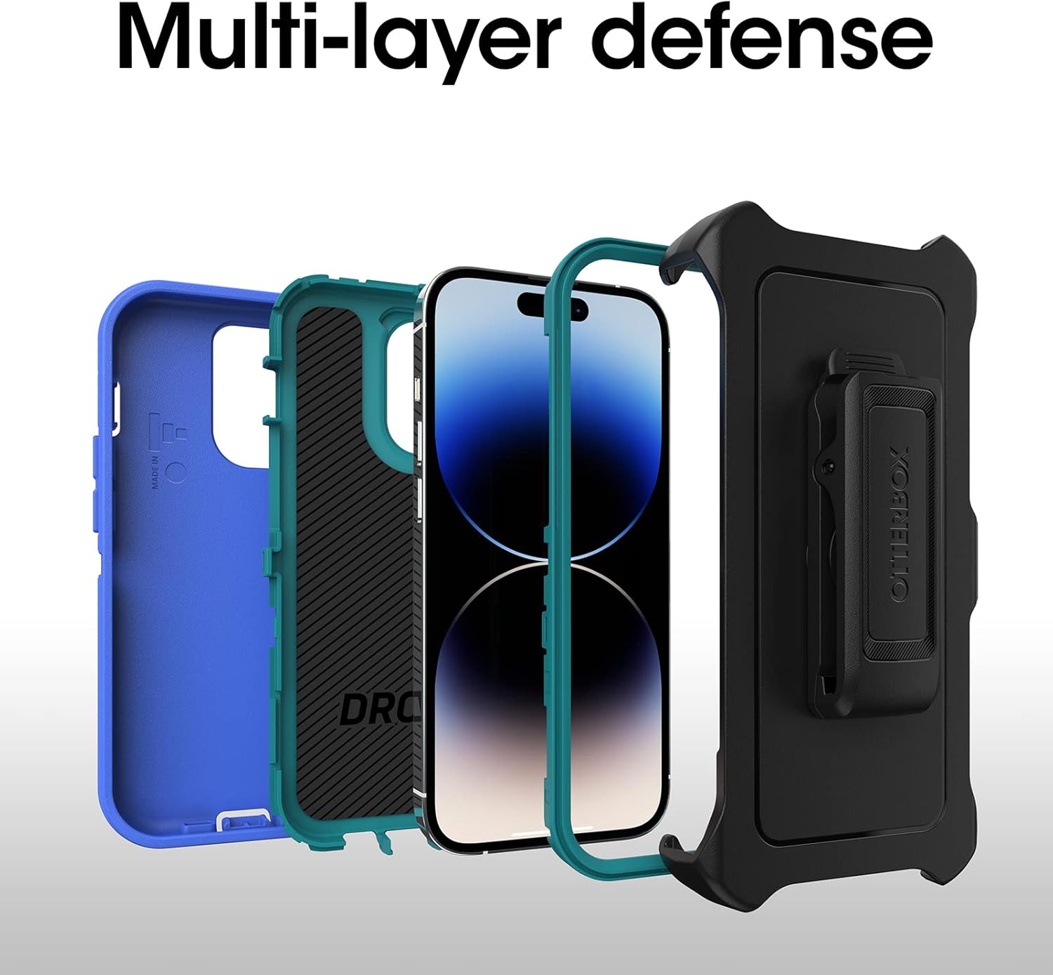 OtterBox iPhone 14 Pro (ONLY) Defender Series Case - RAIN Check (Blue), Rugged & Durable, with Port Protection, Includes Holster Clip Kickstand
