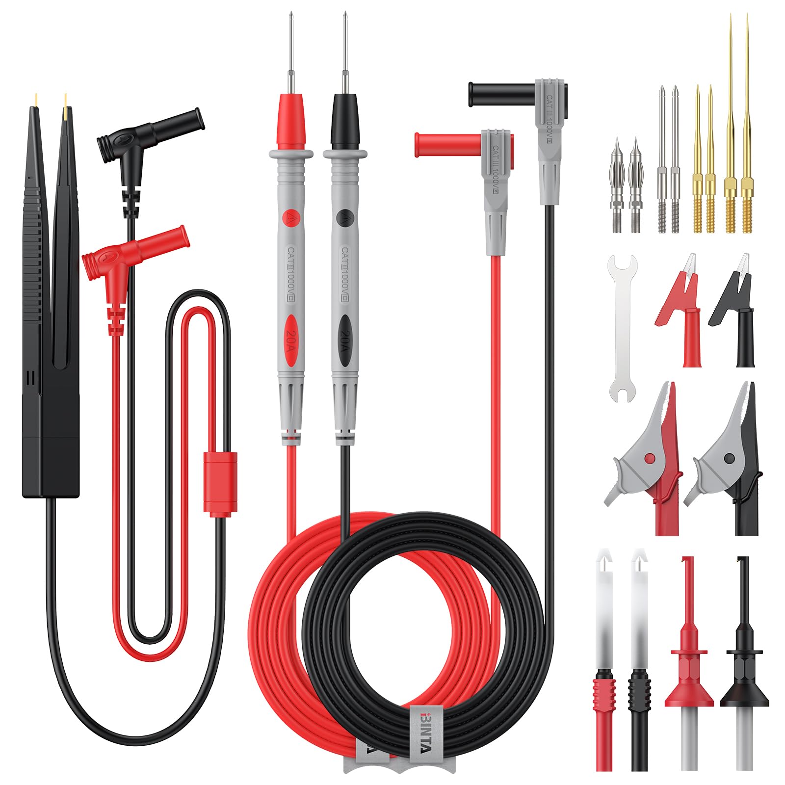 BINTA Multimeter Messleitungen Set 25-in-1 Elektro-Multimeter-Testkabel mit Krokodilklemmen, Testsonde, Federgreifer, Bananenstecker für Spannungskreistester