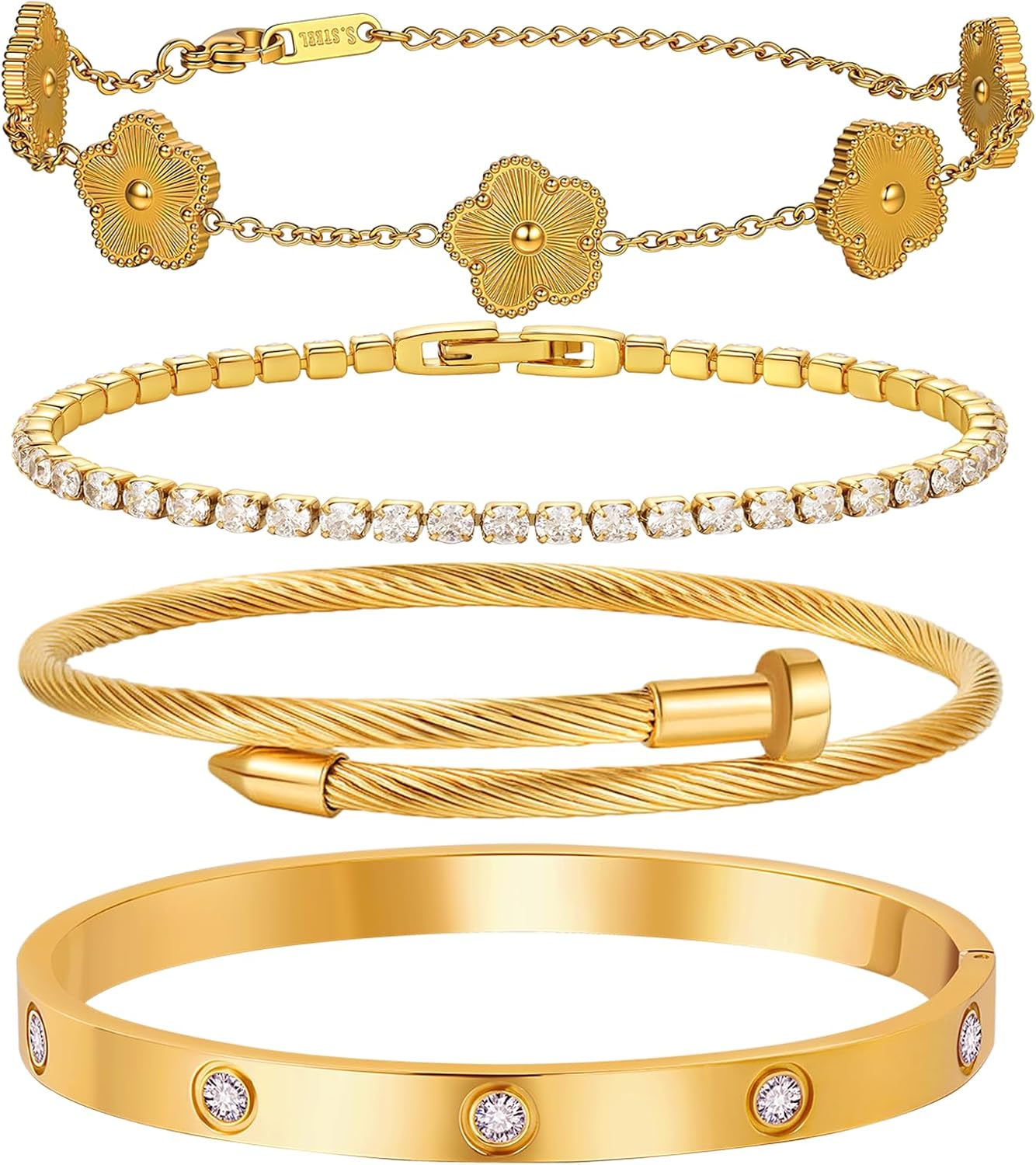 18 K Gold Plated Love Bangle Bracelet Stack for Women,Set of 4 Floral Clover Chain, Tennis Crystal &Gold Stackable Bangle Bracelet -Adjustable Layered Jewelry Gift for Wife Valentines Mother's Day-MVCOLEDY