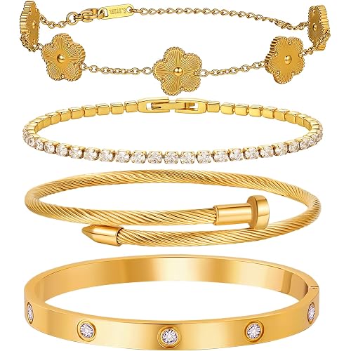 18 K Gold Plated Love Bangle Bracelet Stack for Women,Set of 4 Floral Clover Chain, Tennis Crystal &Gold Stackable Bangle Bracelet -Adjustable Layered Jewelry Gift for Wife Valentines Mother's Day-MVCOLEDY