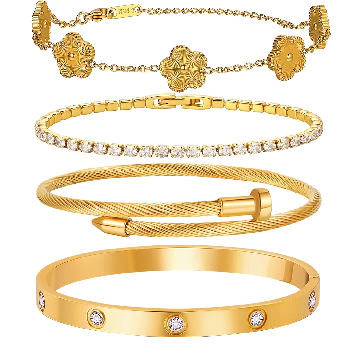 18 K Gold Plated Love Bangle Bracelet Stack for Women 4-Piece Floral Clover Chain Tennis Crystal Gold Love