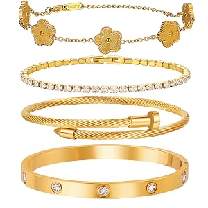 18 K Gold Plated Love Bangle Bracelet Stack for Women 4-Piece Floral Clover Chain Tennis Crystal Gold Love