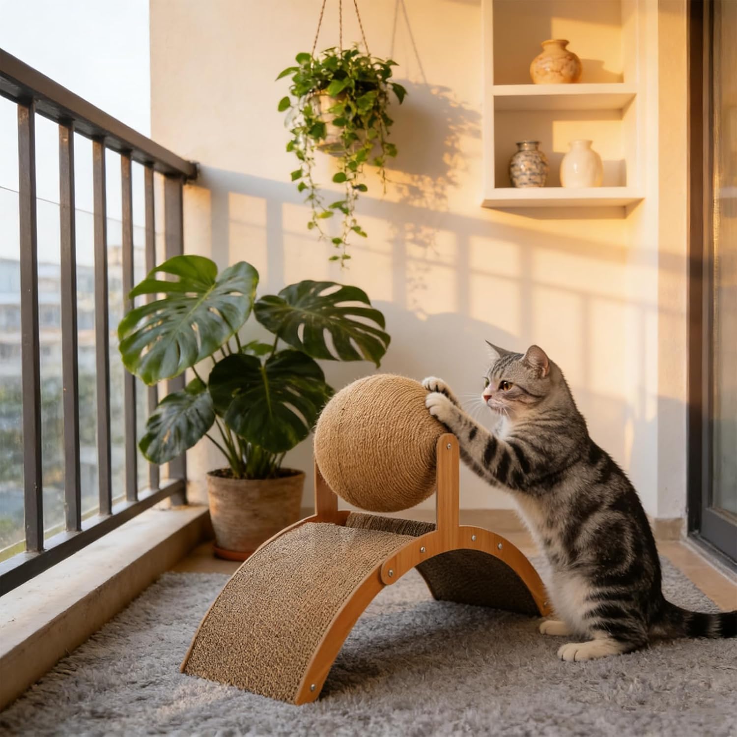 Cat Scratching Ball on Stand, Interactive Cat Scratcher with 360° Rotating Sisal Ball on a Solid Wood Base – a Long-Lasting Toy for Indoor Cats that Helps Reduce Damage to Your Rugs (Large)