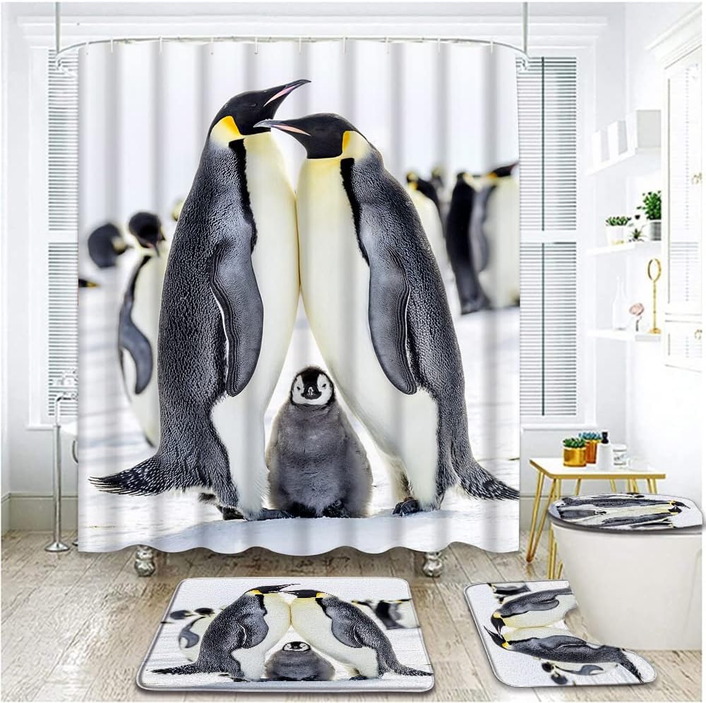 4 Piece Cute Penguin Shower Curtain Sets with Rugs, Toilet Lid Cover, Animals Image Decor Penguins Happy Roaming Antarctic Ice Field Funny Nature Scene Bathroom Shower Curtain with 12 Hooks