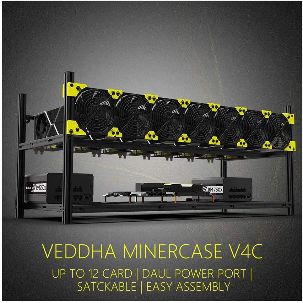 8 GPU Aluminum Stackable Open Air Mining Computer Frame Rig Ethereum Veddha with 7 Fans