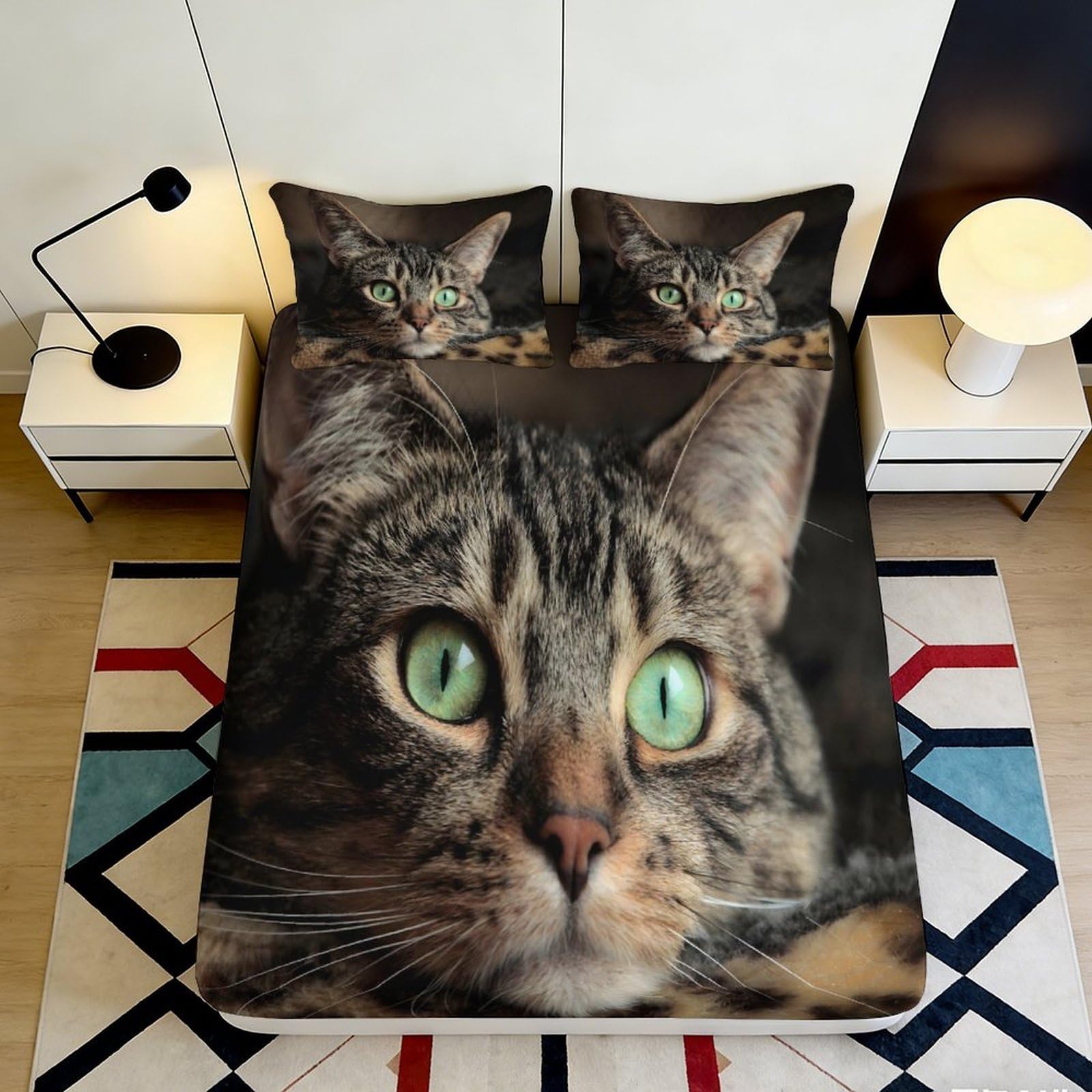3D Printed Cat Face Fitted Sheet Microfiber Soft Breathable Realistic Cat Design Bed Cover for Bedroom Dorm Dormitory Mattress Protection 140x200x25cm