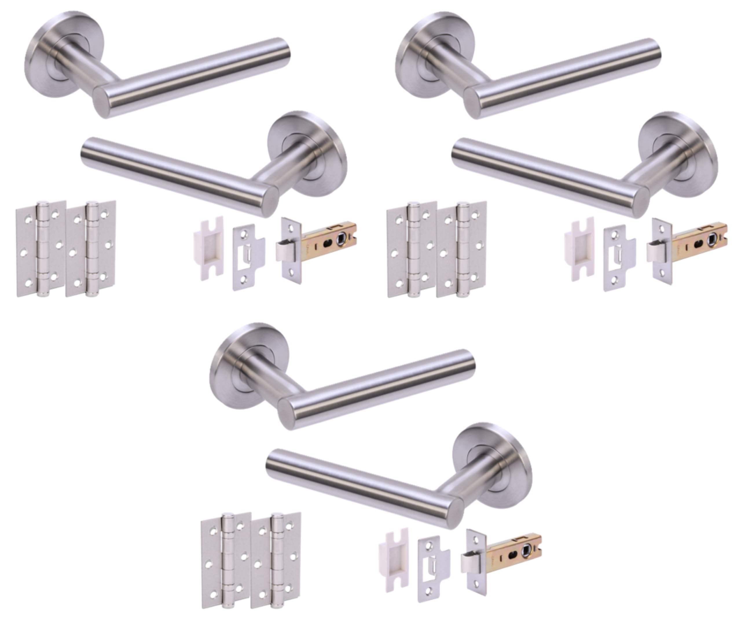 Hunta HANDLEZONE® Rota T-Bar Satin Stainless Steel Passage Door Pack with 76mm Tubular Latch (57mm Backset) & 2 x 76mm Ball Bearing Hinges - 3 Sets