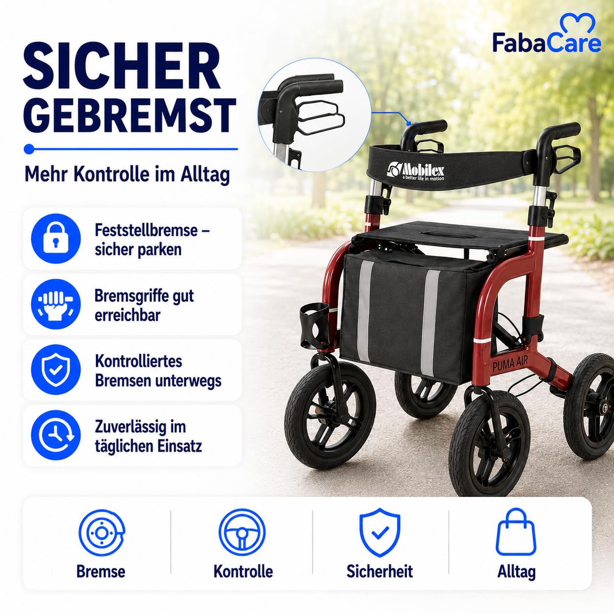 FabaCare Outdoor-Rollator Puma Air rot mit Luftbereifung | Leichtgewichtrollator faltbar bis 150 kg mit Tasche, Rückengurt, Stockhalter, Getränkehalter & Feststellbremse