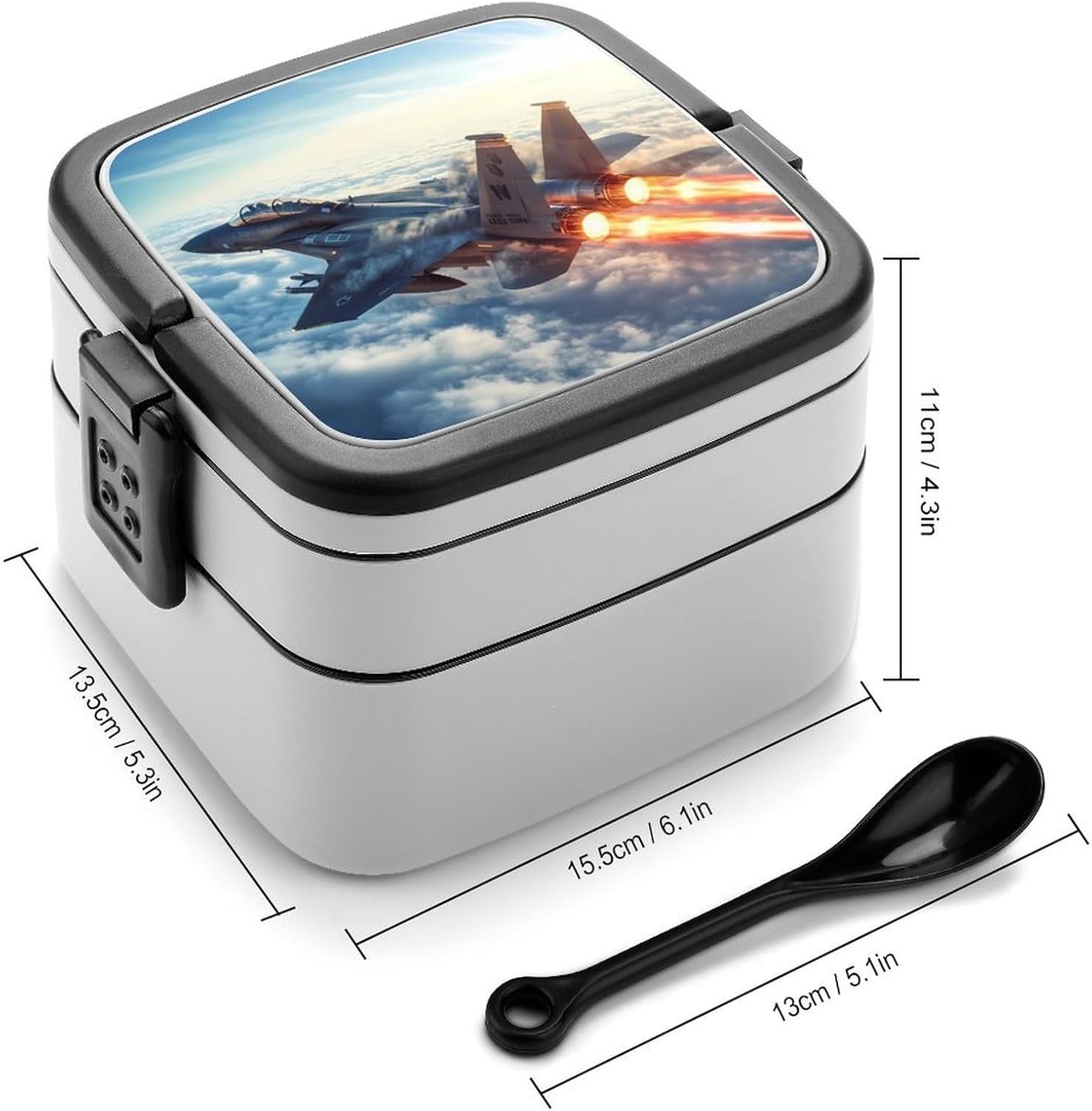 Military F-15 Ea-gles Fighter Jet Aircraft Bento Box with Spoon 2 Layer Food Container Cute Lunch Box for Travel Dining Work
