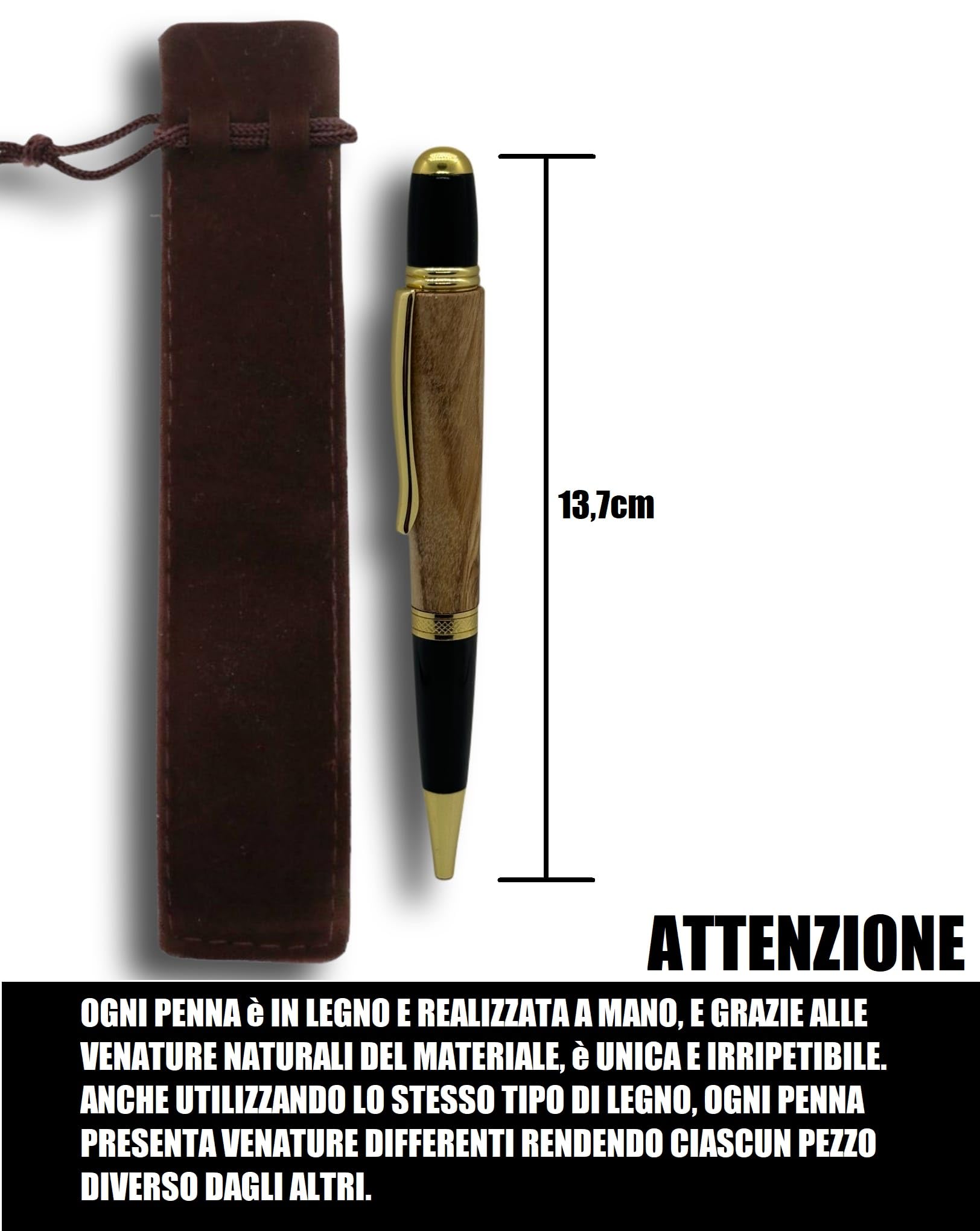 LN Roma Tintenroller und Kugelschreiber, Großraummine, schwarze Tinte, handgefertigt, elegant, Geschenkbox (Gold-Olivenholz)