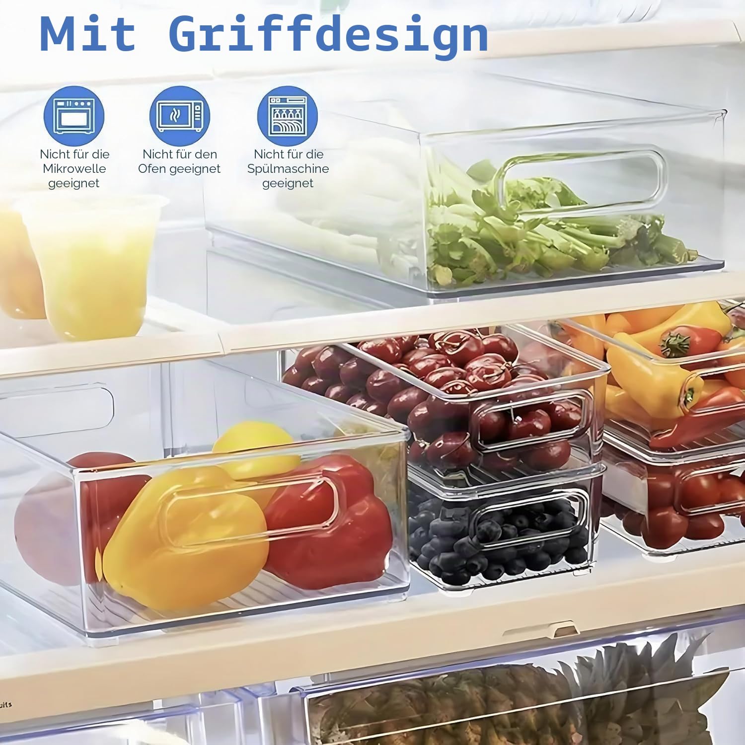 12 Stück Kühlschrank-Organizer-Behälter, 3 Größen, stapelbar, transparent, mit Griffen für Kühlschrank, Gefrierschrank, Regale, Schublade, Behälter, Snack-Organizer für Zuhause und Küche