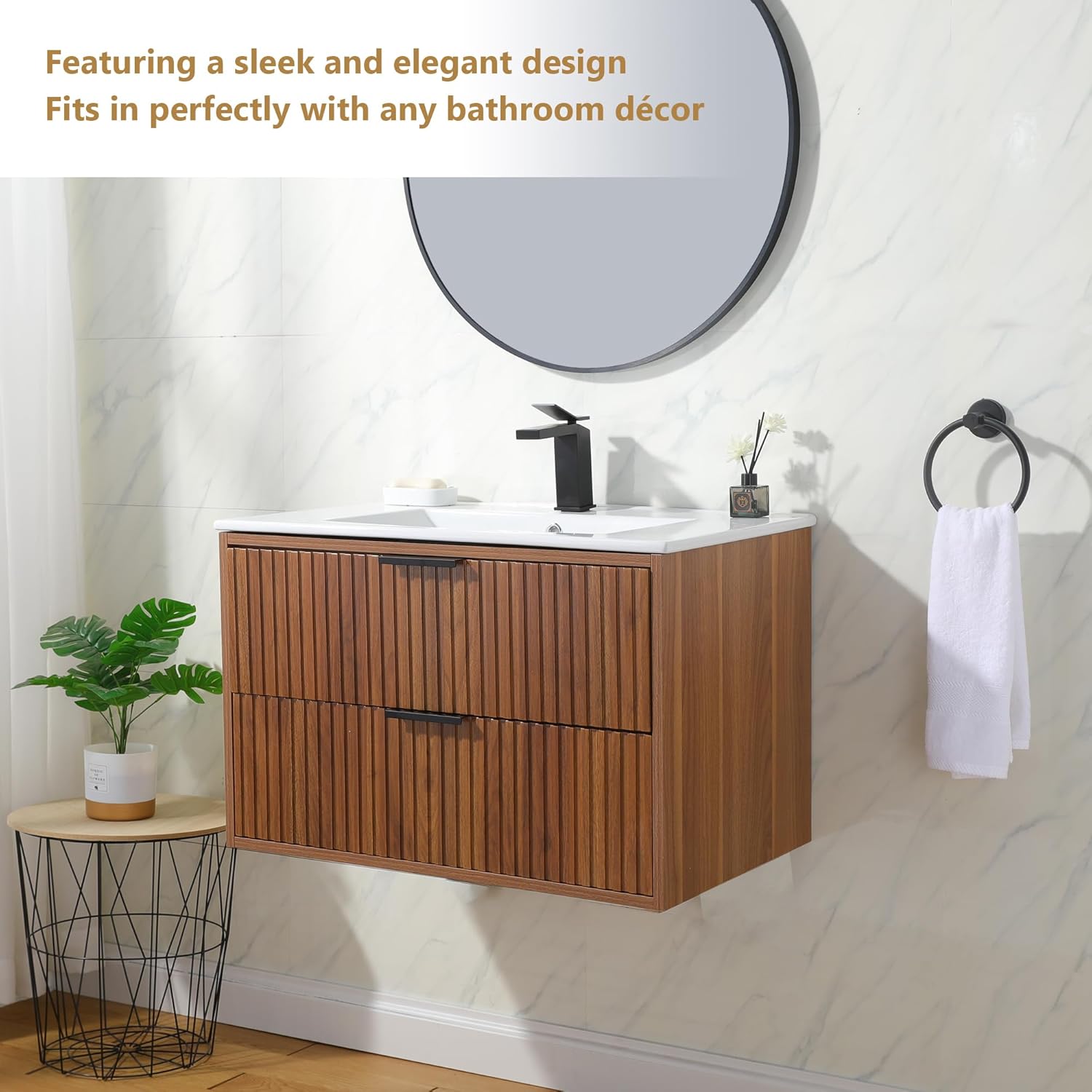 30 Inch Floating Bathroom Vanity with Sink, Walnut Finish Wall-Mounted Vanity with Quiet Closing Sliding Rails, Space-Saving Modern Bathroom Storage with Double Drawers