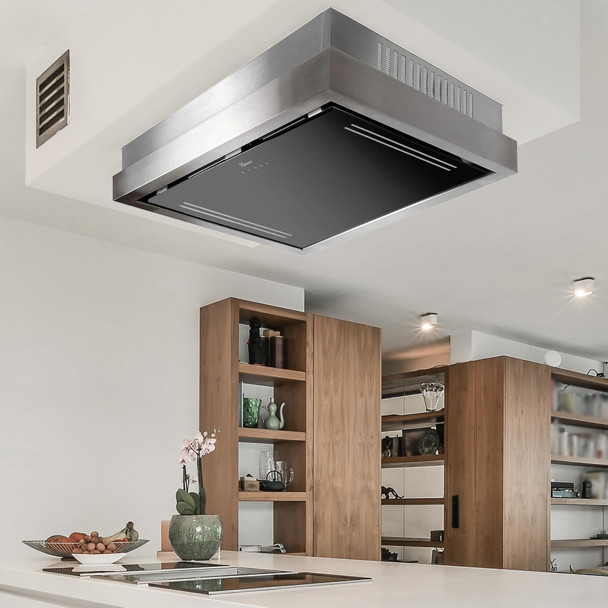 GURARI GCH C 343 IS 120 BL PRIME Hotte encastrable à chaleur tournante 120 cm • Design en acier inoxydable et verre noir, hotte à recirculation • Ionisation • Moteur EBM 1000 m³/h • Contrôle tactile