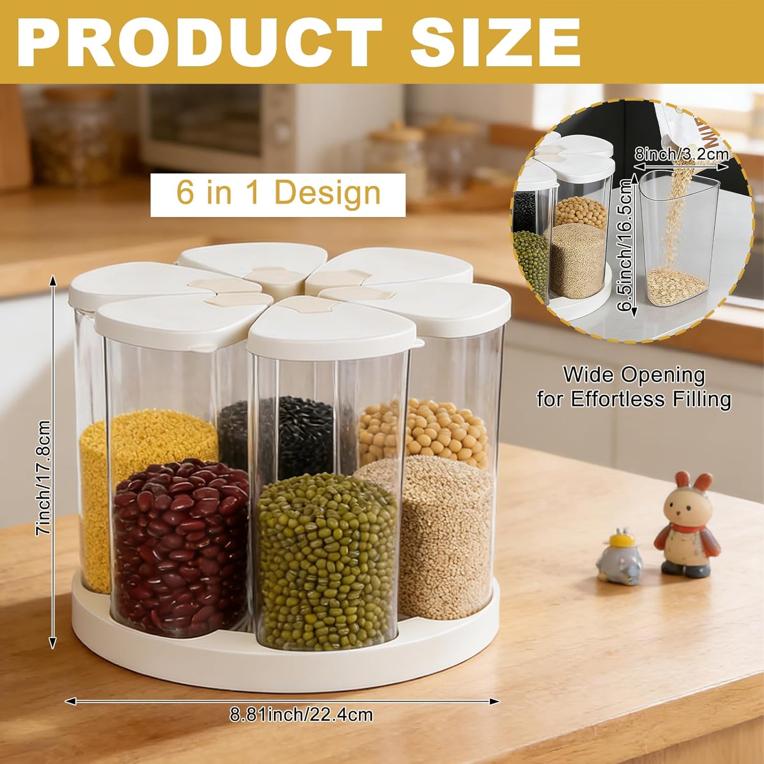 5-10 lbs Rice Dispenser 6 Grids 360° Rotating Cereal Dispenser Countertop BPA-Free PET Grain and Rice Storage Container with Lids Dry Food Dispenser Grain Canister Sets for Oats Flour Corn Flakes