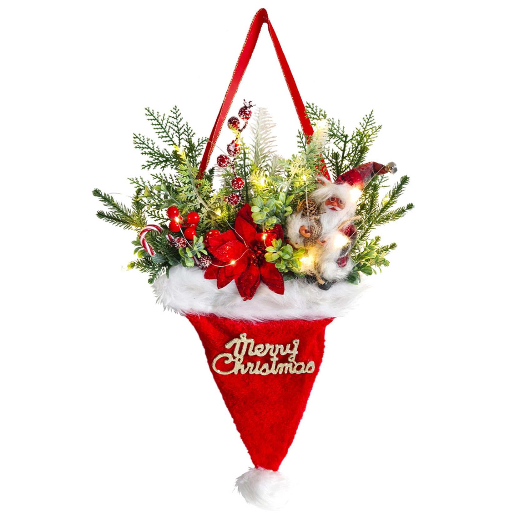 Couronne de Noël LED avec chapeau et Père Noël pour porte