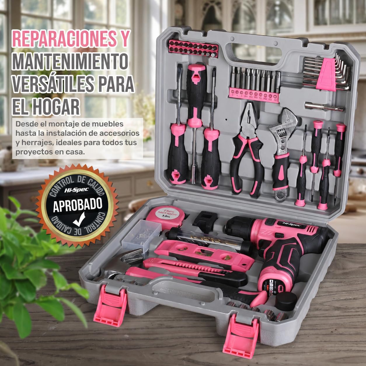 Hi-Spec Set de Herramientas Completo con Destornillador Eléctricos 8V, Rosa | 74 piezas, set completo en estuche portátil, recargable, para tareas de montaje y reparaciones domésticas, uso diario