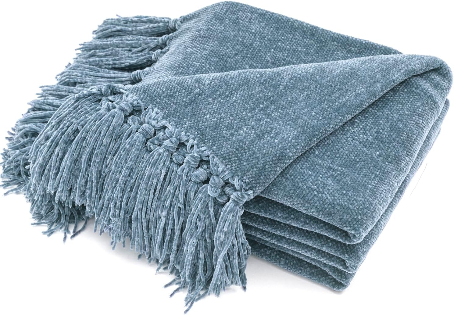 RECYCO Throw Blanket Soft Cozy Chenille Throw Blanket with Fringe Tassel for Couch Sofa Chair Bed Living Room Gift (Dusty Blue, 60'' x 80'')