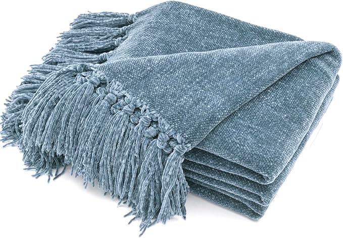 RECYCO Throw Blanket Soft Cozy Chenille Throw Blanket with Fringe Tassel for Couch Sofa Chair Bed Living Room Gift (Dusty Blue, 60'' x 80'') | Soft, Cozy, Living Room, Fringe Tassel, Couch, Sofa, Bed, Chair, Gift