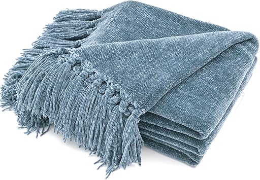 RECYCO Throw Blanket Soft Cozy Chenille Throw Blanket with Fringe Tassel for Couch Sofa Chair Bed Living Room Gift Dusty Blue, 60 x 80