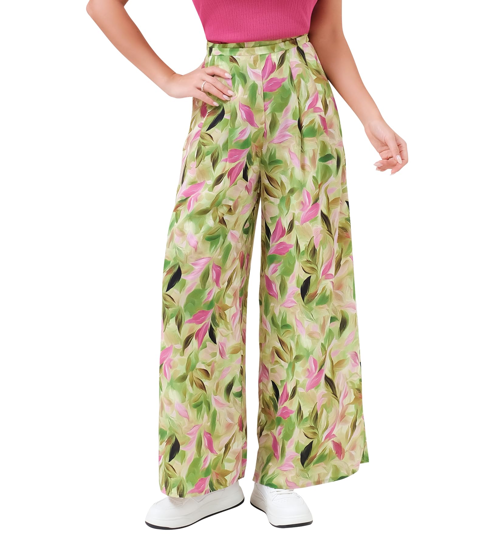 Palazzo Pants for Women Wide Leg High Waist Flowy Dressy Casual Boho Trousers with Pockets Yellow Floral
