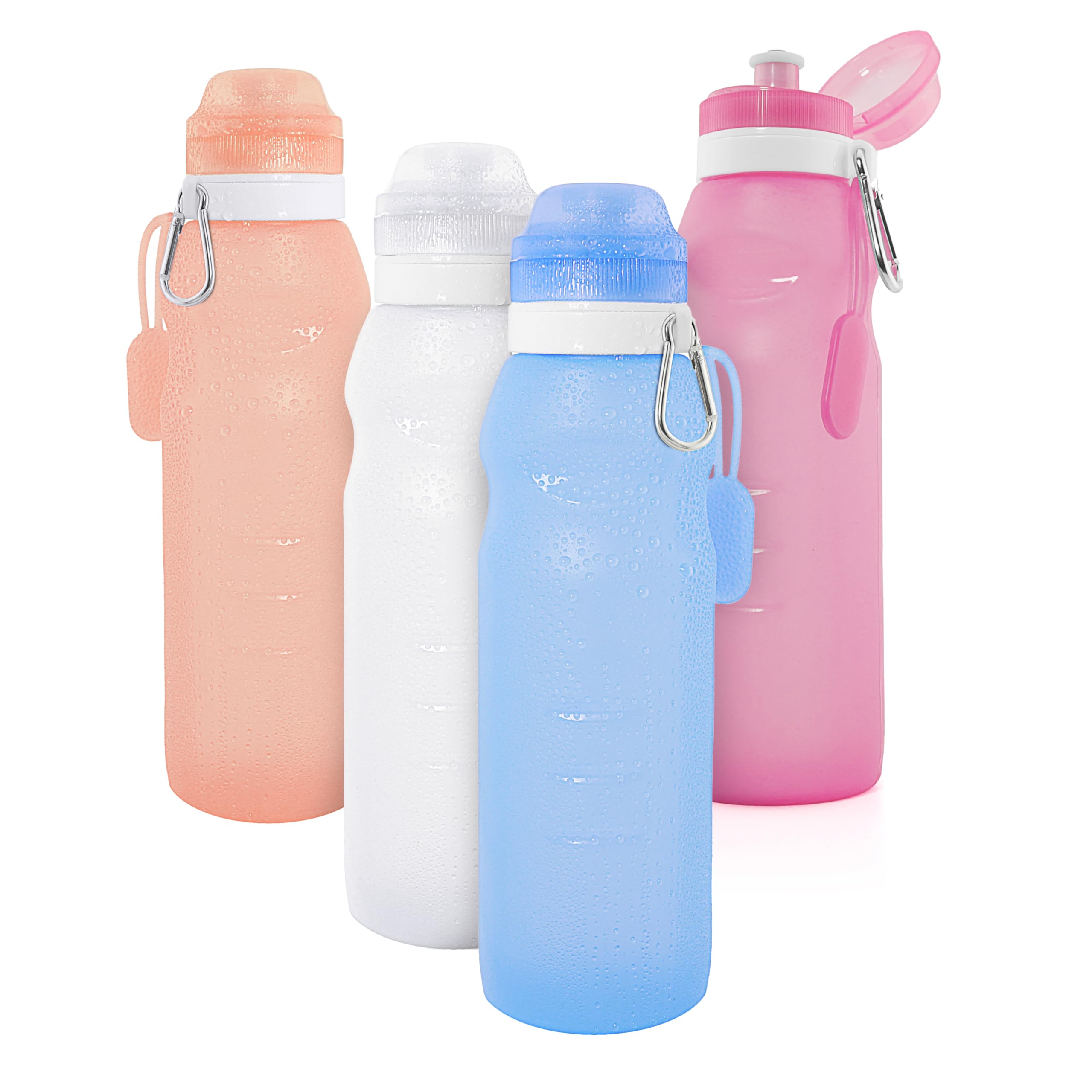 Ganzoo 4 gourdes pliables 600 ml en silicone avec mousqueton multicolores | Fixation au pantalon, à la ceinture ou au sac à dos, accès rapide à la boisson, mains disponibles pendant les déplacements