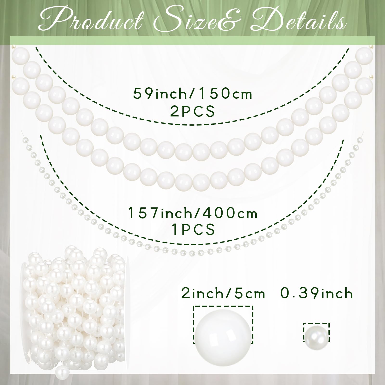 Condition photo showing New/Like New for 3 pcs giant wedding pearl bead garland 9.84 ft 13.12 ft white jumbo ball bead hanging banner faux pearl strand chain for wedding engagement bridal shower photo background decoration