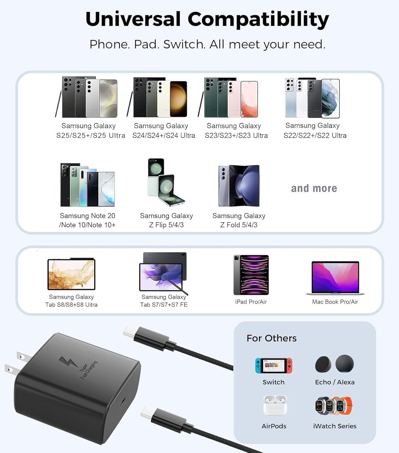 45W Super Fast Charger USB C 3.0 with Type C Charging Nylon Braided Cable Compatible with Samsung Charger Fast Charging Cord for Galaxy S25 Ultra/S24/S23/S22
