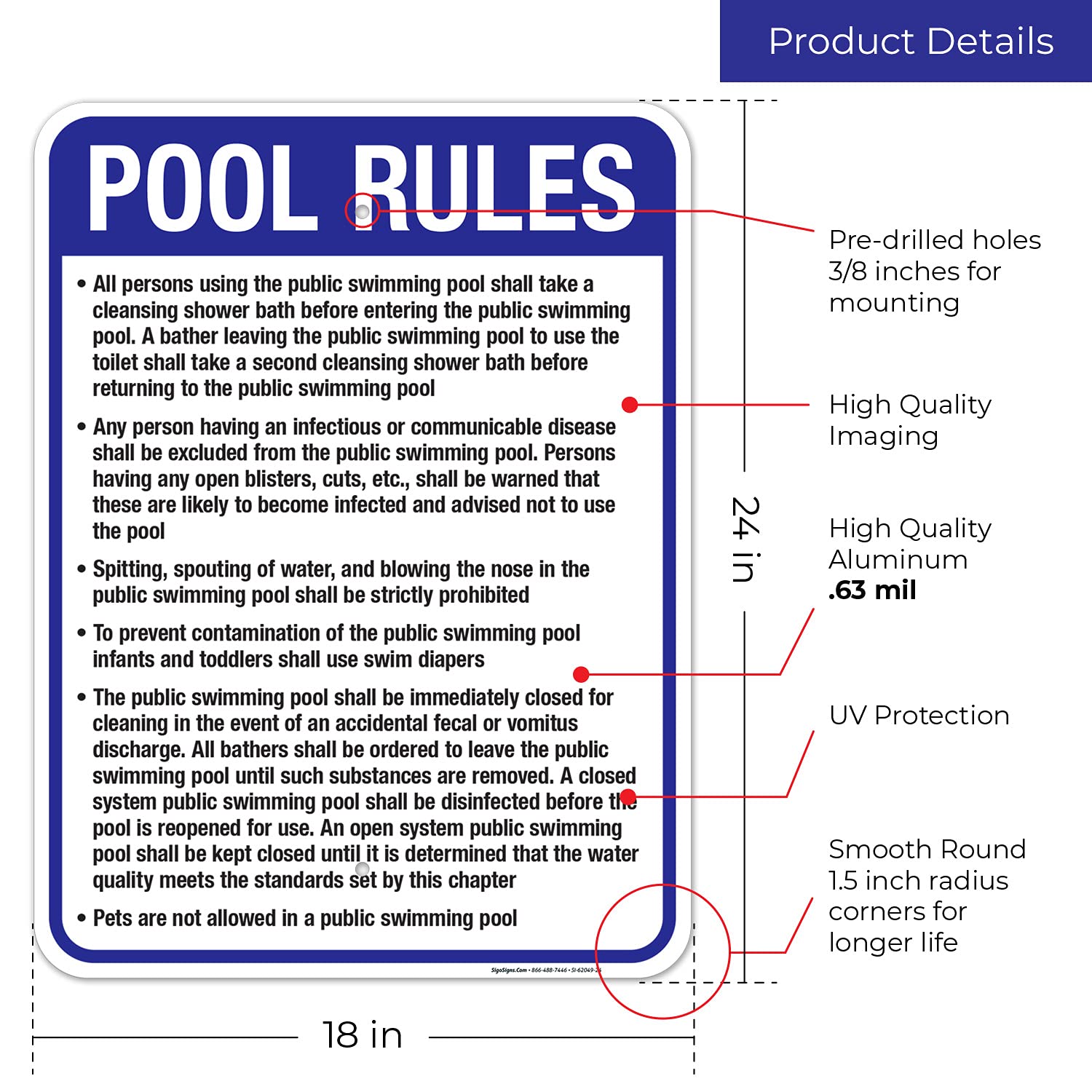 Hawaii Pool Rules Sign, Complies with State of Hawaii Pool Safety Code, 18x24 Inches, Rust Free .063 Aluminum, Fade Resistant, Made in USA