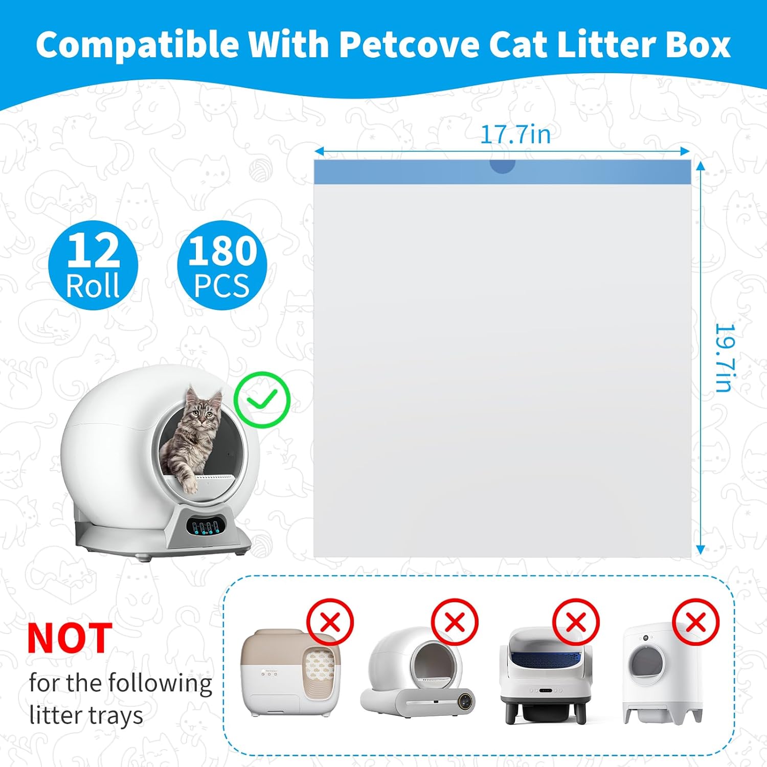 180 Count Cat Litter Box Liners Compatible with Petcove & Ducksky Automatic Self-Cleaning Cat Litter Box Bags - Drawstring Cat Litter Bags - Heavy Duty Tear-Resistant & Leak-Proof Refills