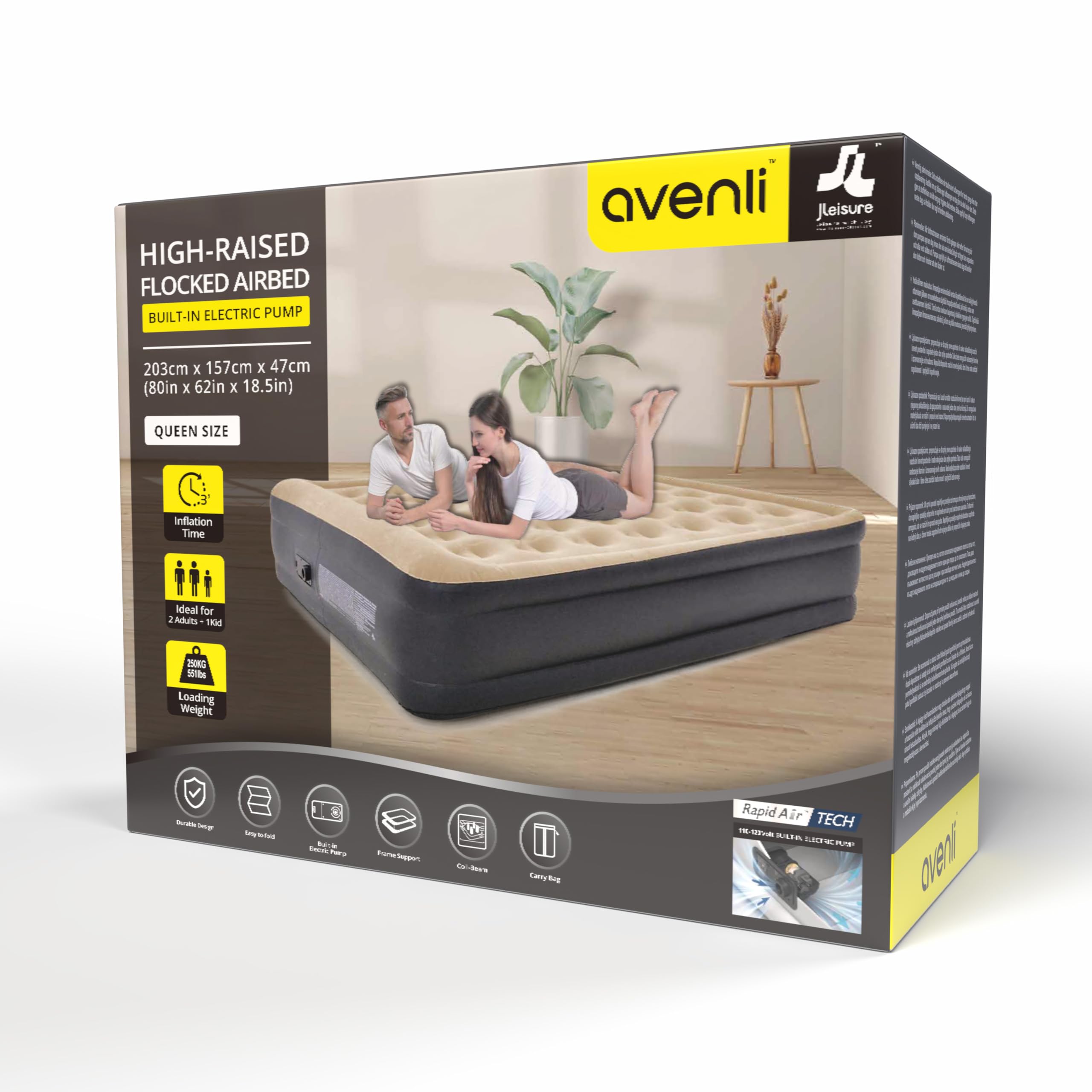 AVENLI Materac dmuchany łóżko samopompujący dwuosobowy 203x157x47cm łóżko gośc z pompką elektryczną bardzo wysoka powierzchnia do leżenia flokowana na kemping i do domu