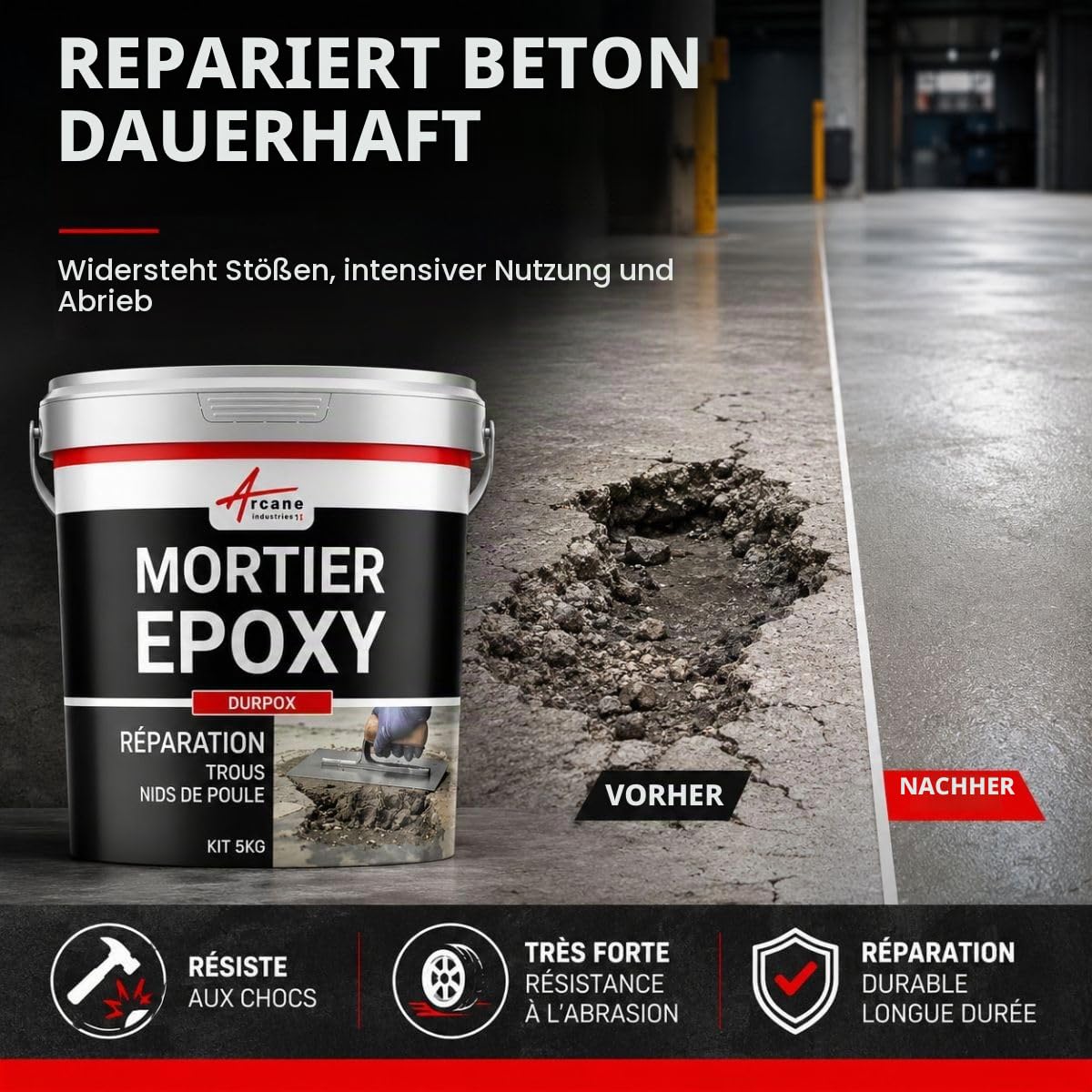 Epoxid-Reparaturmörtel für Löcher und Schlaglöcher: DURPOX - 5 kg | Repariert Beton, Löcher und Schlaglöcher, zirkulierbar, abriebfest, staubdicht, innen und außen. Arcane Industries