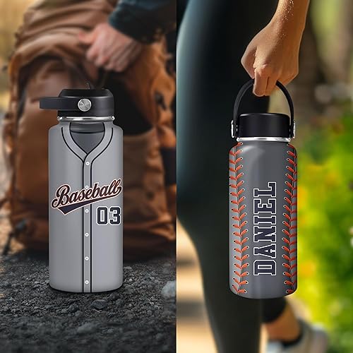 Vista 47 de Hyturtle Botella de agua de béisbol personalizada, botella de acero inoxidable aislada de viaje con tapa a prueba de fugas, 18 onzas, 32 onzas
