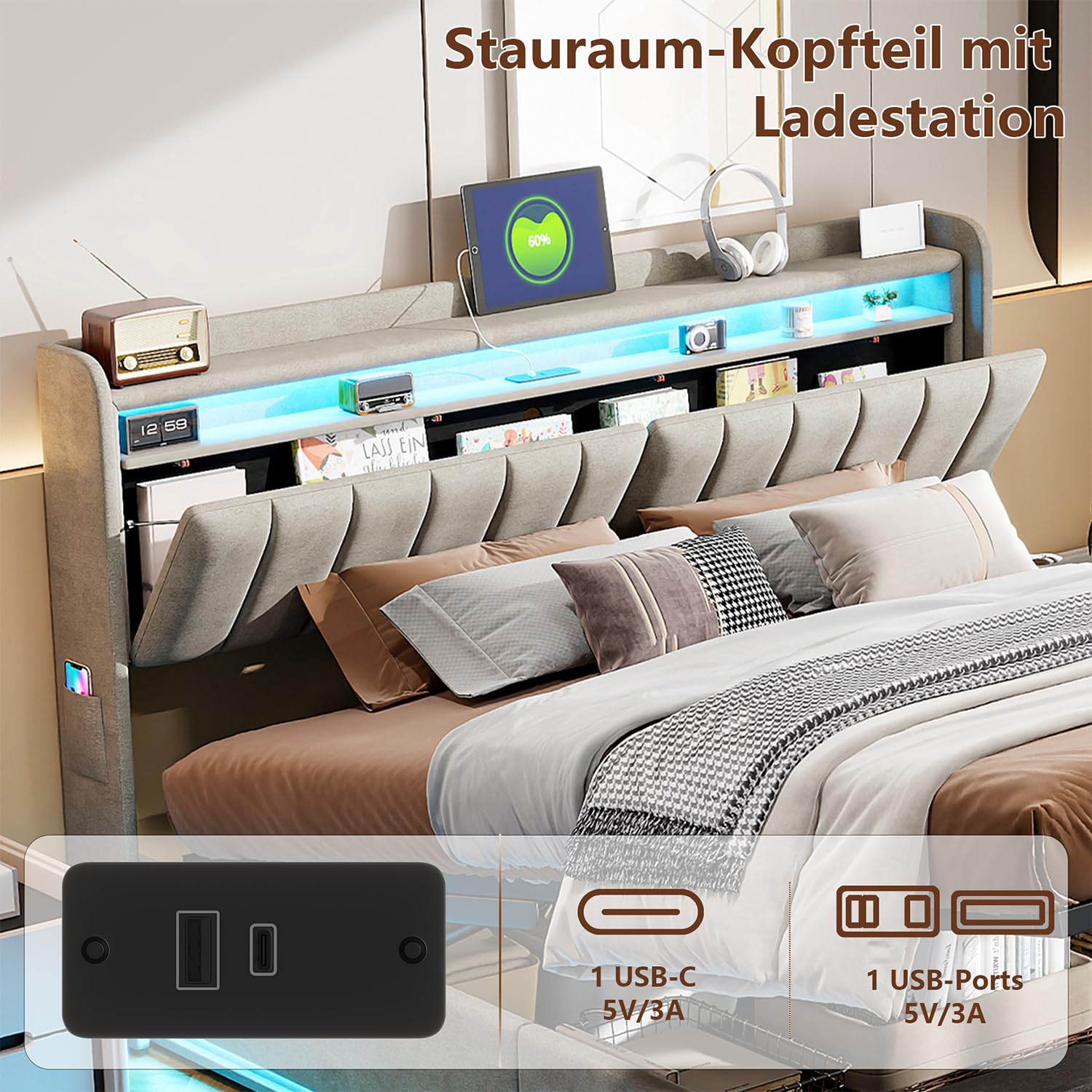 Letto Matrimoniale 140x190cm con LED, Contenitore Pneumatico e Ricarica USB - Struttura Rinforzata Doghe, Tessuto velvet, No Base Elastica (Grigio Velluto, 140x190)