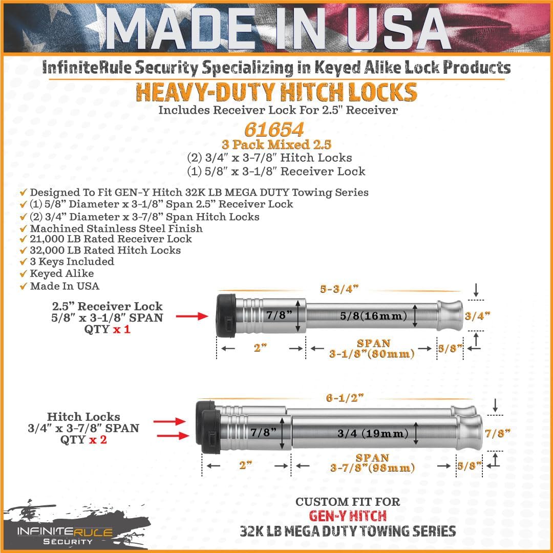 61654 | 3 Pack Mixed 2.5, Keyed Alike, Hitch Locks for Gen-Y Hitch Mega Duty 32K LB Series - Includes Lock for 2.5" Receiver