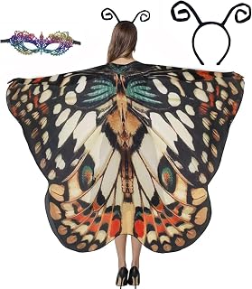 GRAJTCIN Women's Butterfly Wings Shawl, 3 PCS Halloween Fairy Costume Festive Rave Cape with Antennas & Mask