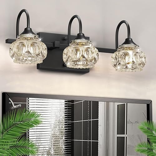 Lámparas de tocador de baño de 3 luces, modernas luces de tocador de color negro mate con pantalla de cristal sobre espejo, luces de pared modernas