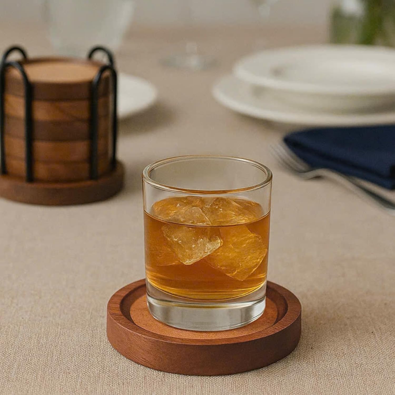 Wood Coasters for Drinks with Metal Holder, Wooden Coaster with Cork for Tabletop Protection, Drink Coasters for Coffee Table, Desk, 4.33 Inch, Set of 6 (Medium Size)