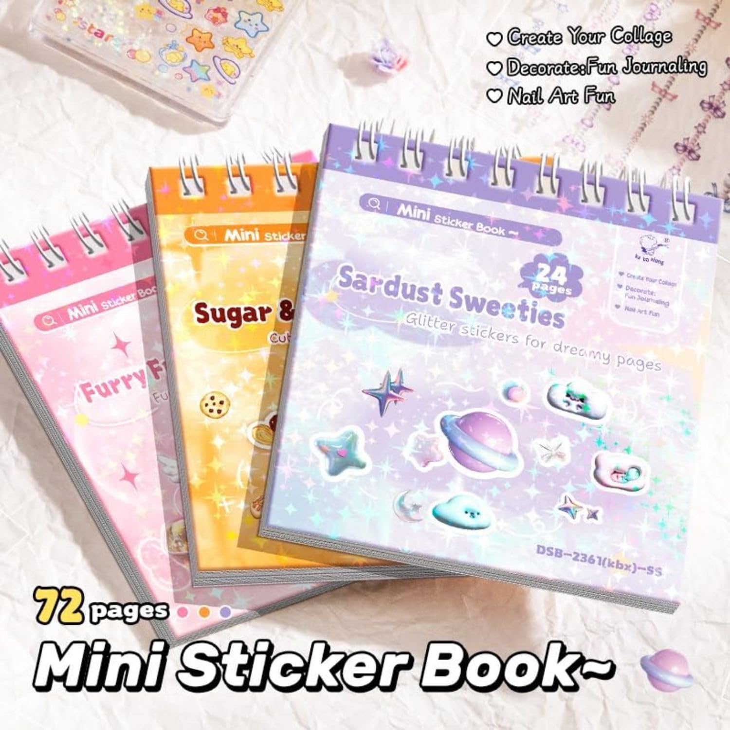 FunBlast Set of 3 Mini Sticker Books with Craft Tweezer - 72 Sheets/4320+ Stickers, Kawaii Glitter Sticker Book for Nail Arts, Scrapbooking, Journaling, DIY Craft, Planner Decoration Stickers — Amazon image 9