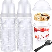 100 Pack 12 oz Clear Plastic Parfait Cups with Dome Lids No Hole Insert Spork Disposable Party Round Dessert Cups with Lids Fruit Cups with Lid Containers Tumbler for Yogurt Fruit Cereal Ice Cream