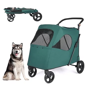 Dog Stroller Pet, Foldable Cart with 4 Wheels, Mesh Skylight Pet Stroller for Small to Large Dogs and Other Pet Travel, Storage Space Pet Can Easily Walk in/Out Dark Green