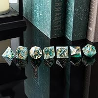 Vista 5 de DND - Juego de dados de resina de borde afilado con estuche para dados, hechos a mano, 7 accesorios de dados poliédricos para juegos de rol