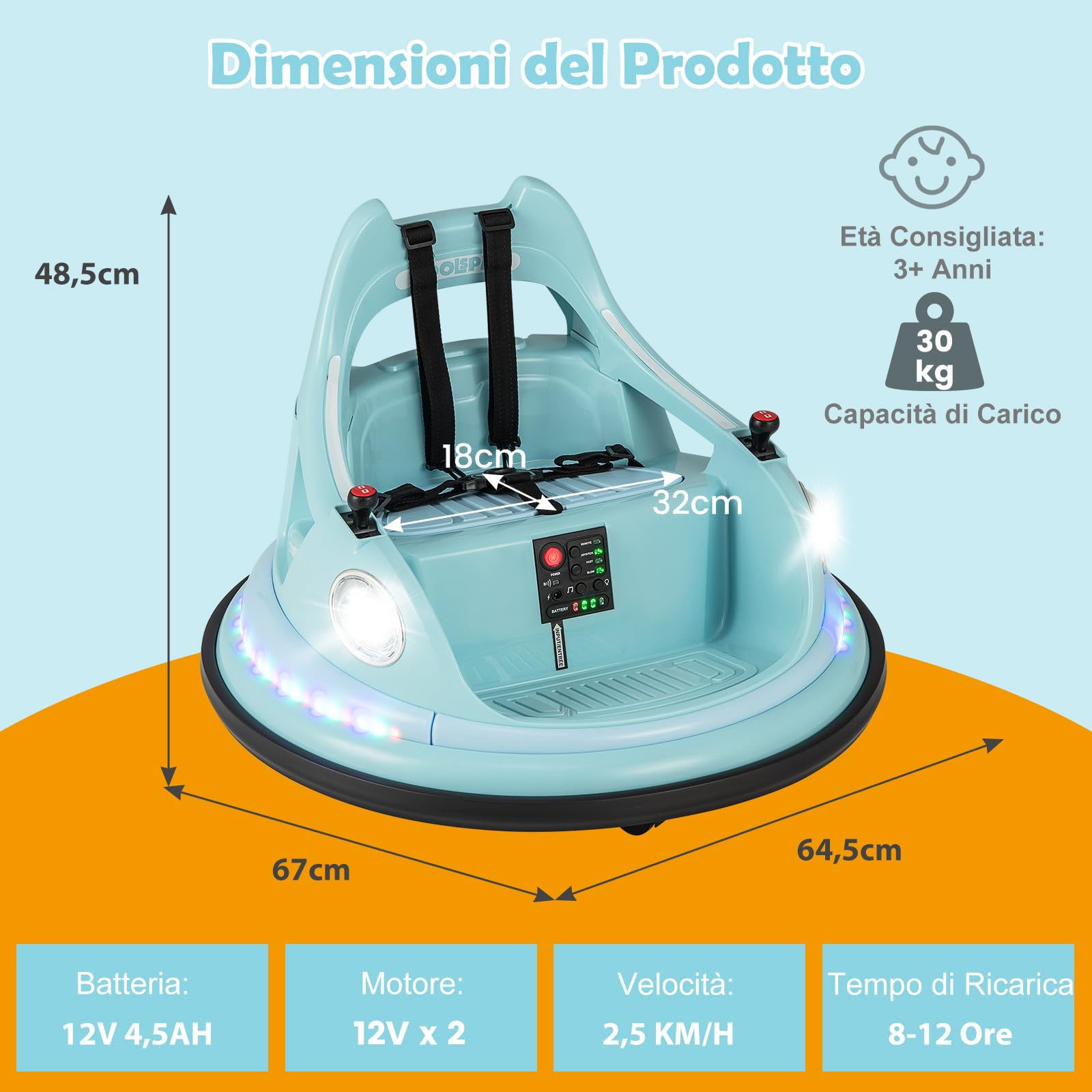 RELAX4LIFE Autoscontro Elettrico 12V per Bambini, con Telecomando, Doppio Joystick, Rotazione a 360°, 5 Modalità di Luci, Musica e Cintura di Sicurezza, per Bambini da 3+ Anni (BLU)