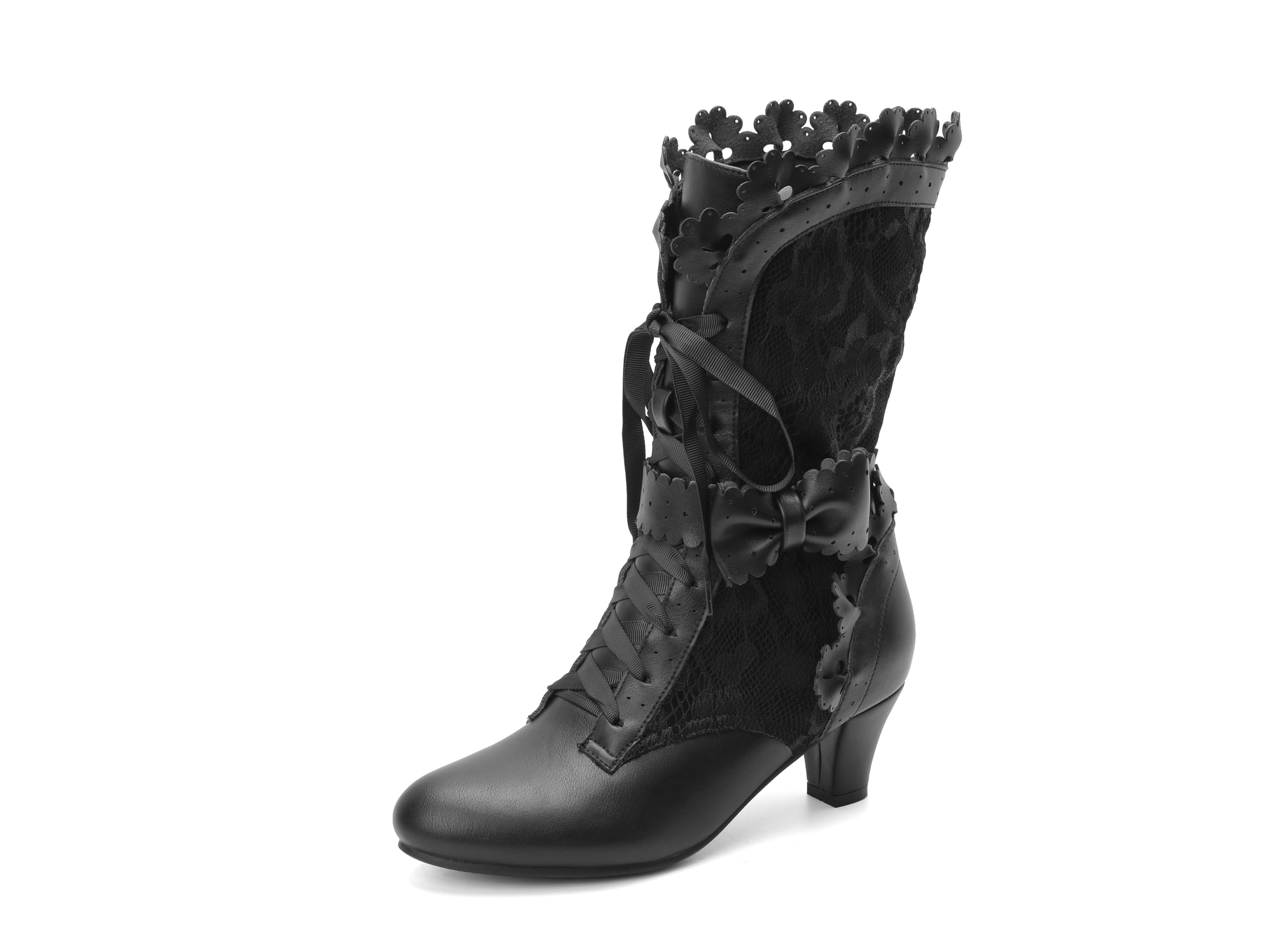 Women Victorian Boots Chunky Heels Lace up Cute Bow Knot Cosplay Costumes Witch Medieval Renaissance Mid-Calf Goth Boots