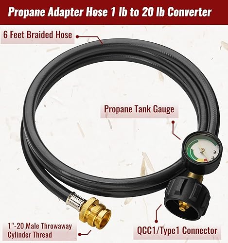 Miniatura 2 de CALPOSE Manguera adaptadora de propano de 6 pies con calibre, adaptador de 1 libra a 20 libras que convierte electrodomésticos de 1 libra en tanques