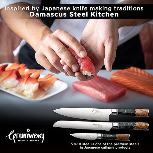 Miniatura 6 de Katana Elements - Juego de cuchillos de 3 piezas cuchillos de chefpanmaridaje, cuchillas de acero de damasco VG-10 premium, mango de madera de olivo