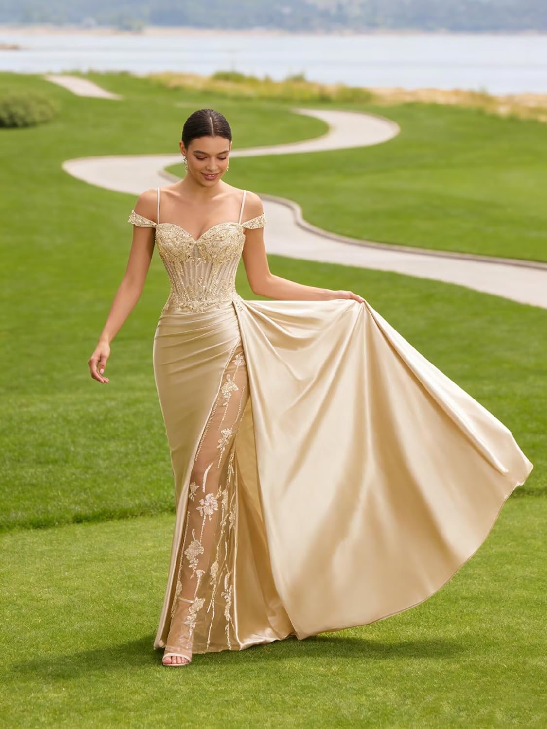 Off Shoulder Satin Prom Dresses Long Slit Mermaid Lace Beaded Evening Gown Bodycon Formal Dresses for Women with Tail - Image 3