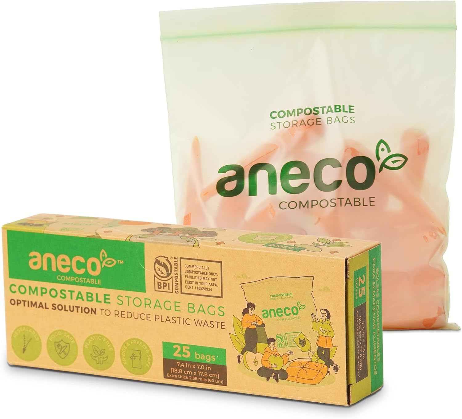 ANECO 100% Compostable Food Storage Bags with Ziplock – Extra Thick Resealable Sandwich Bags for Meal Prep, Food Storage, Carrying – Food Safe Disposable Freezer Snack Bags, Quart Size (25 Bags)