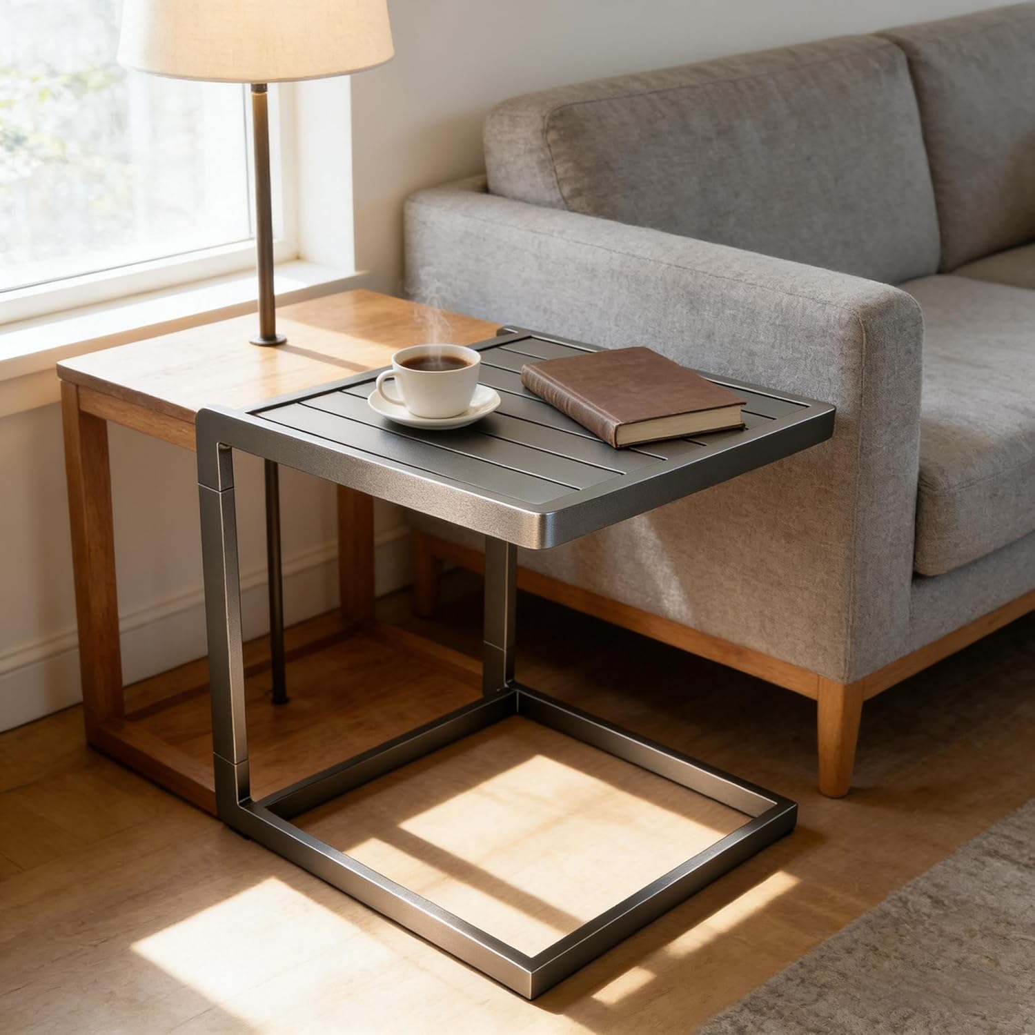 Aluminum C Shaped Outdoor Side Table, Weather Resistant Patio End Table with Aluminum Frame, Slim C Table for Sofa Lounge Chair, Indoor Outdoor Small Side Table for Patio Garden Balcony Deck