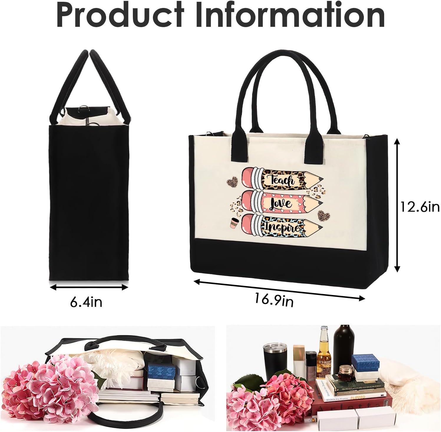 Teacher Canvas Tote Bag - Appreciation Teacher's Day Thanks Gifts Leopard Pencil Pattern Tote Bag Canvas Bag with Zipper with Cosmetic Bag - Image 3